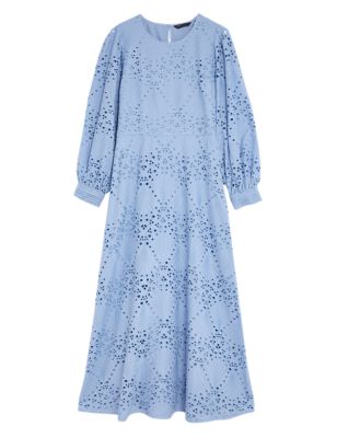 

Womens M&S Collection Pure Cotton Broderie Midaxi Tea Dress - Blue, Blue