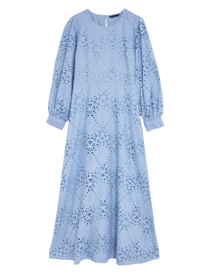 

Womens M&S Collection Pure Cotton Broderie Midaxi Tea Dress - Blue, Blue