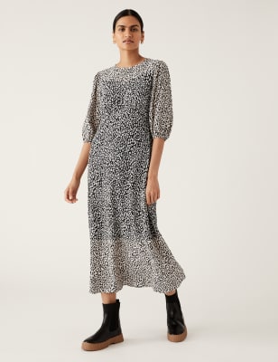 Animal Print Round Neck Midi Tea Dress - DE