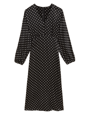 

Womens M&S Collection Satin Polka Dot V-Neck Midi Tea Dress - Black Mix, Black Mix