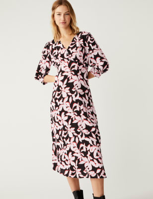 Floral V-Neck Tie Waist Midi Tea Dress