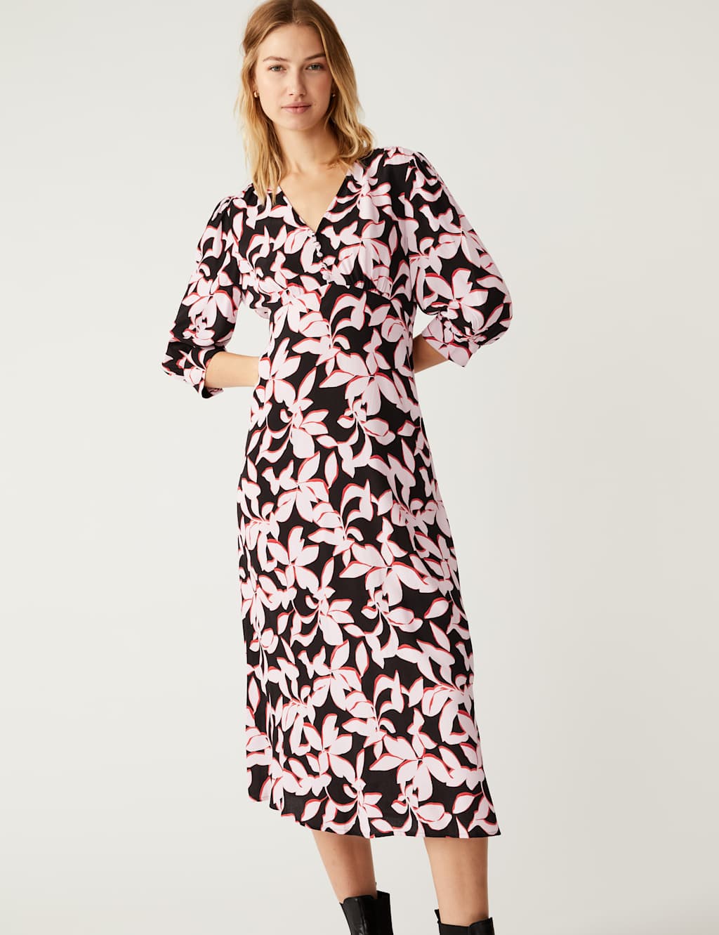 Floral V-Neck Tie Waist Midi Tea Dress image 1