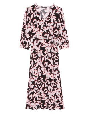 

Womens M&S Collection Geblümtes Midi-Teekleid mit V-Ausschnitt und Bindegürtel - Black Mix, Black Mix