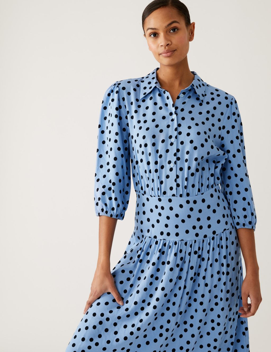 Polka Dot Blouson Sleeve Midi Shirt Dress image 1