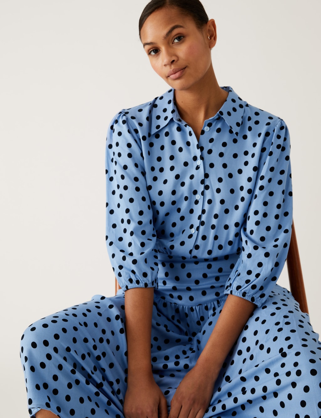 Polka Dot Blouson Sleeve Midi Shirt Dress image 3