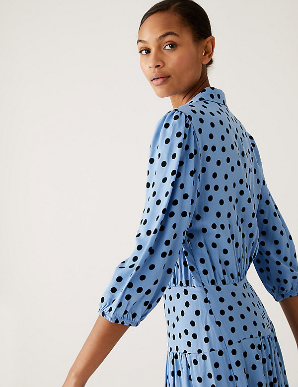 Polka Dot Blouson Sleeve Midi Shirt Dress - JP