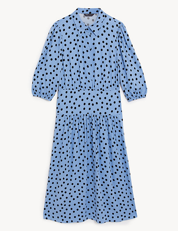 Polka Dot Blouson Sleeve Midi Shirt Dress - JP