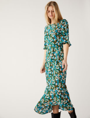 

M&S Collection Vestido de tarde floral maxi a media pierna con cuello redondoWomens - Green Mix, Green Mix