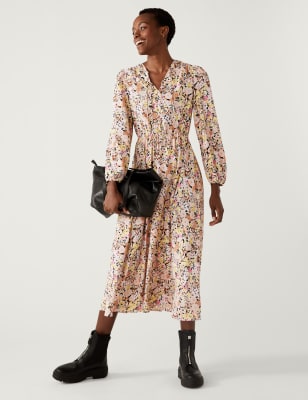 

Womens M&S Collection Floral Tie Neck Midaxi Waisted Dress - Multi, Multi