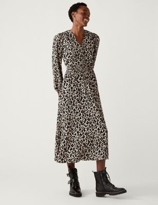 

Womens M&S Collection Animal Print Tie Neck Midaxi Waisted Dress - Natural Mix, Natural Mix