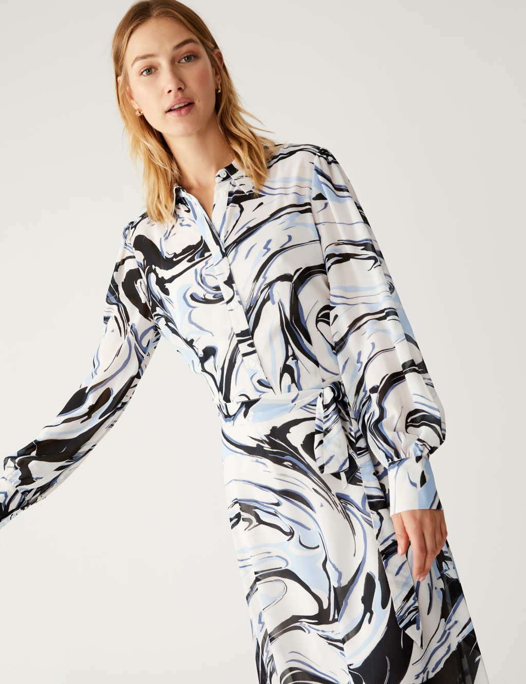 Marble Print Tie Waist Midi Shirt Dress image 1