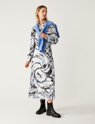 Marble Print Tie Waist Midi Shirt Dress