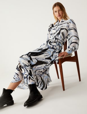 Marble Print Tie Waist Midi Shirt Dress