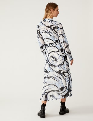 Marble Print Tie Waist Midi Shirt Dress