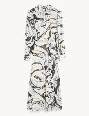 Marble Print Tie Waist Midi Shirt Dress