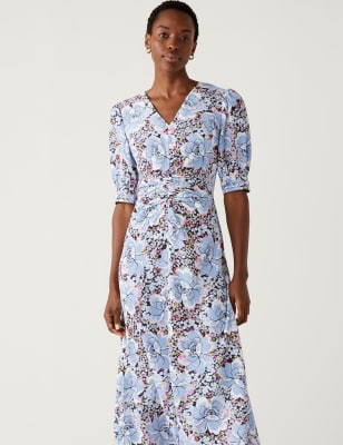 

Womens M&S Collection Floral V-Neck Puff Sleeve Midi Tea Dress - Blue Mix, Blue Mix