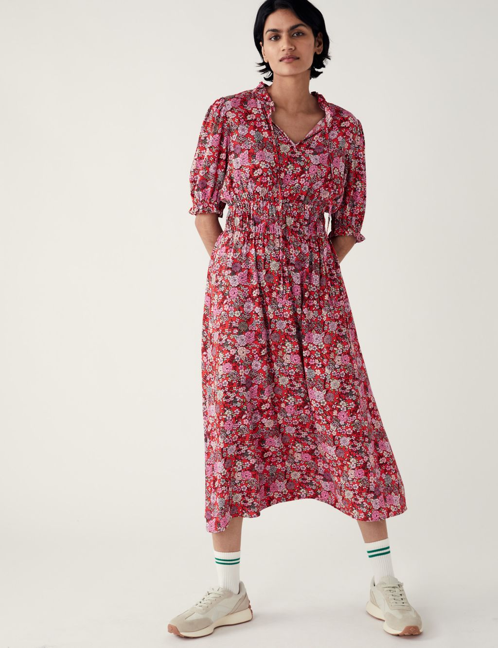 Floral Tie Neck Midi Waisted Dress image 3