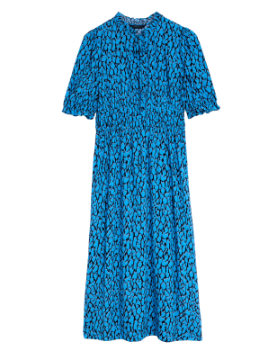 

Womens M&S Collection Tailliertes Midi-Kleid mit Bindekragen und Tiermuster - Blue Mix, Blue Mix