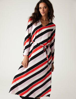 

Womens M&S Collection Schmales Midikleid mit V-Ausschnitt und Streifenmuster - Multi, Multi