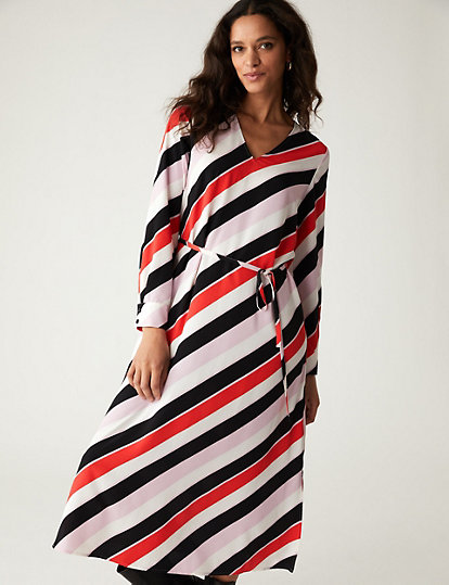 Striped V-Neck Midi Column Dress
