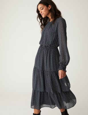 

Womens M&S Collection Polka Dot Round Neck Midi Tiered Dress - Navy Mix, Navy Mix