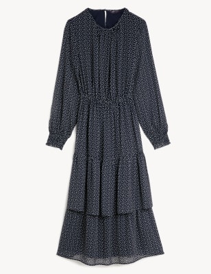 Polka Dot Round Neck Midi Tiered Dress