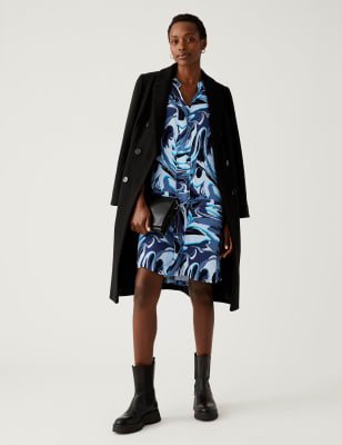 

Womens M&S Collection Knielanges Etuikleid mit V-Ausschnitt und Marmormuster - Blue Mix, Blue Mix
