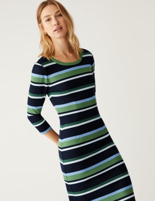 

Womens M&S Collection Jersey Striped Round Neck Midi Skater Dress - Green Mix, Green Mix