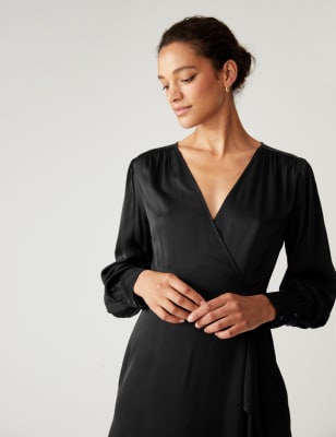 

Womens M&S Collection Knielanges Wickelkleid aus Satin mit V-Ausschnitt - Black, Black