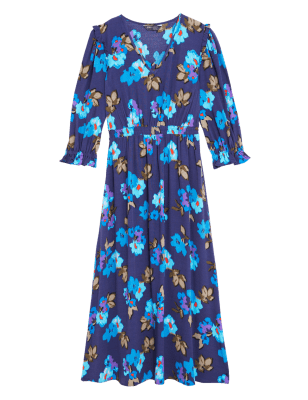 

Womens M&S Collection Floral V-Neck Midi Waisted Dress - Blue Mix, Blue Mix