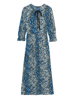 

Womens M&S Collection Tailliertes Midi-Kleid mit Bindekragen und Tiermuster - Blue Mix, Blue Mix