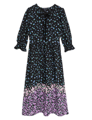 

Womens M&S Collection Floral Tie Neck Midi Waisted Dress - Black Mix, Black Mix