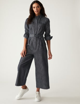 

Womens M&S Collection Denim-Jumpsuit im Utility-Stil mit Gürtel und langen Ärmeln - Dark Denim, Dark Denim
