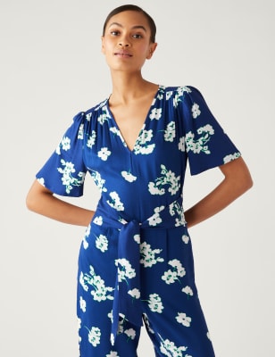 

Womens M&S Collection Floral Tie Detail Short Sleeve Jumpsuit - Dark Blue Mix, Dark Blue Mix