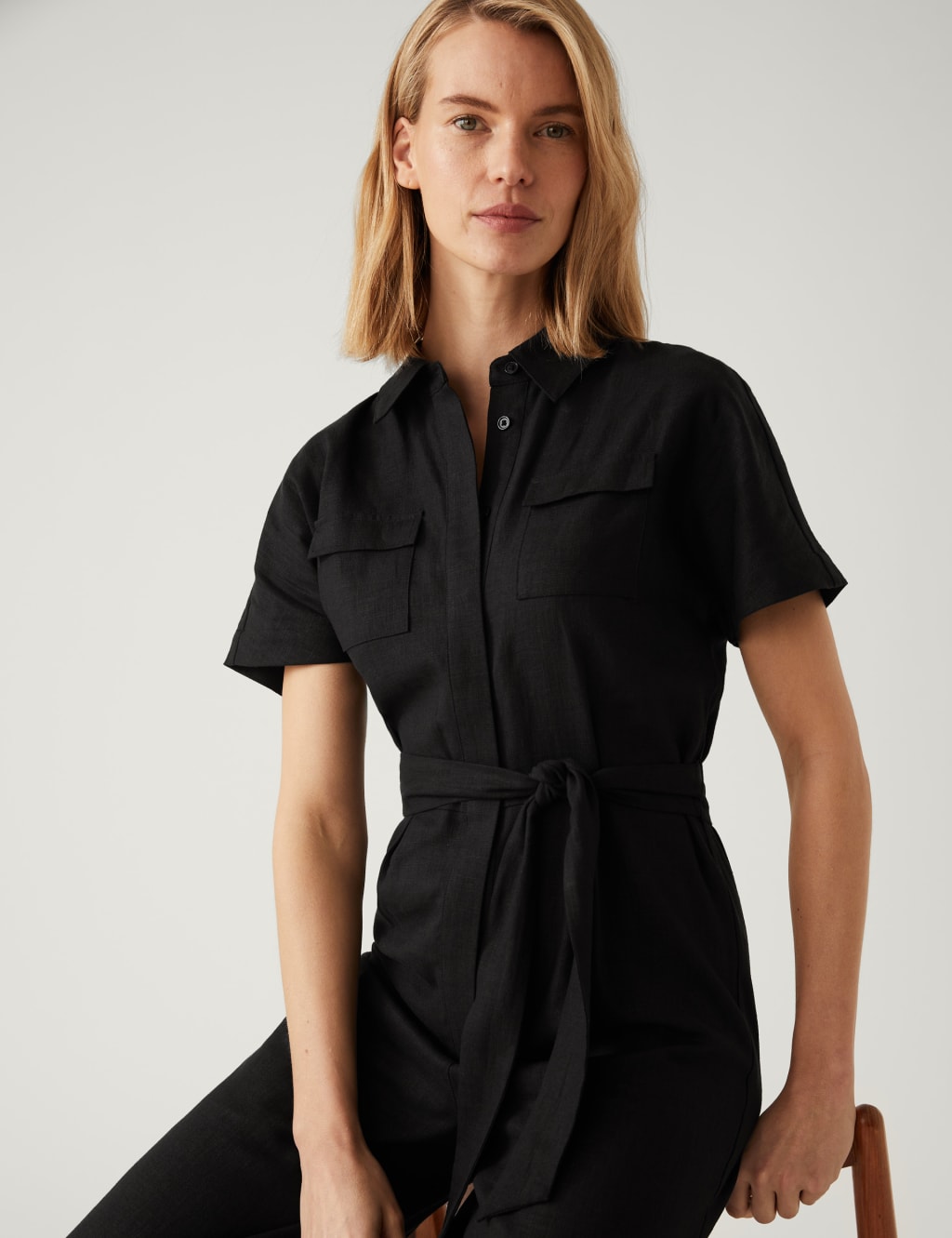 Linen Blend Belted Cropped Jumpsuit image 1