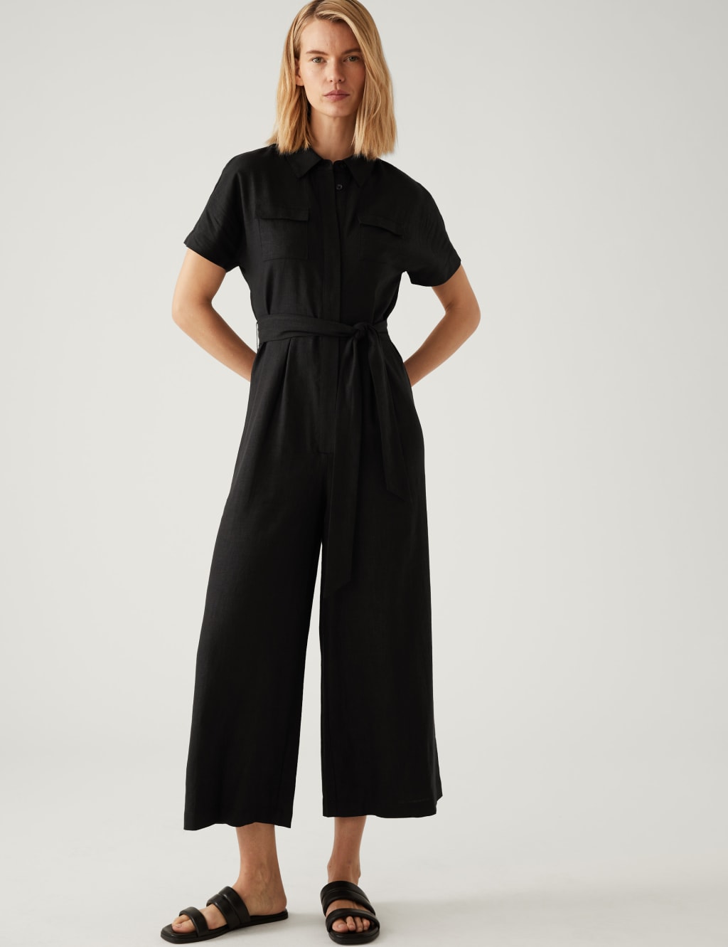 Linen Blend Belted Cropped Jumpsuit image 2