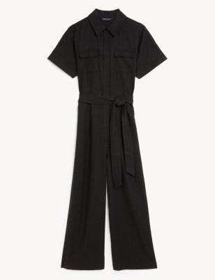 

Womens M&S Collection Linen Blend Belted Cropped Jumpsuit - Black, Black