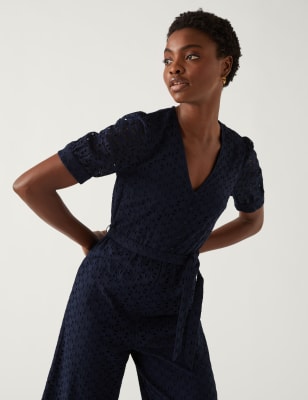 

Womens M&S Collection Pure Cotton Broderie Cropped Jumpsuit - Navy, Navy