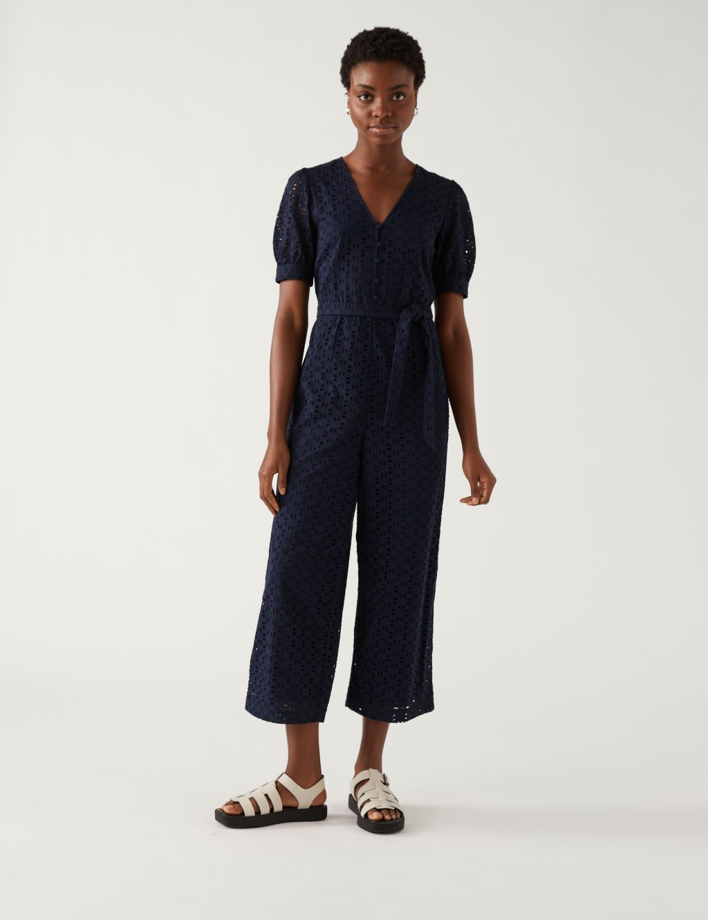 Pure Cotton Broderie Cropped Jumpsuit image 2