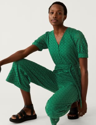 

Womens M&S Collection Pure Cotton Broderie Cropped Jumpsuit - Dark Green, Dark Green