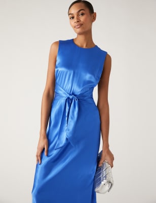 Satin Round Neck Tie Front Midi Tea Dress - LV