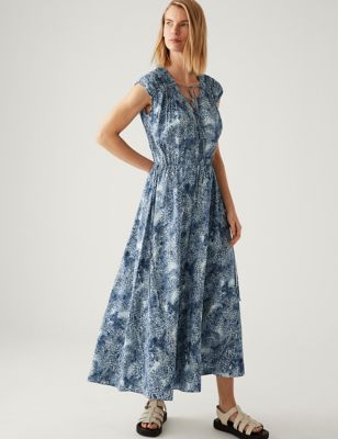 

Womens M&S Collection Floral Tie Neck Midaxi Waisted Dress - Blue Mix, Blue Mix