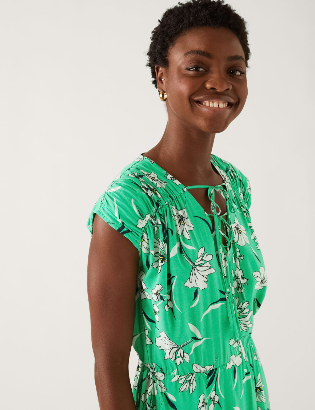 Floral Tie Neck Midaxi Waisted Dress image 3