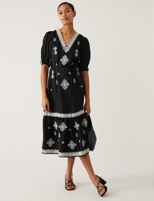 

Womens M&S Collection Embroidered V-Neck Midi Tiered Dress - Black Mix, Black Mix