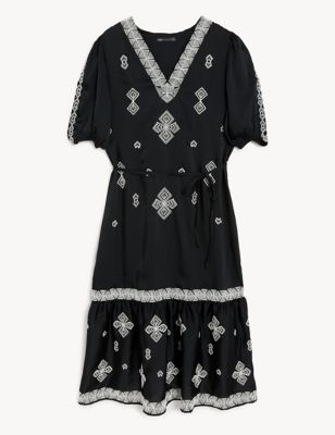 Embroidered V-Neck Midi Tiered Dress