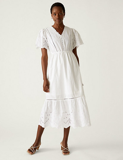 Pure Cotton Broderie V-Neck Midi Tea Dress