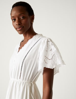 Pure Cotton Broderie V-Neck Midi Tea Dress