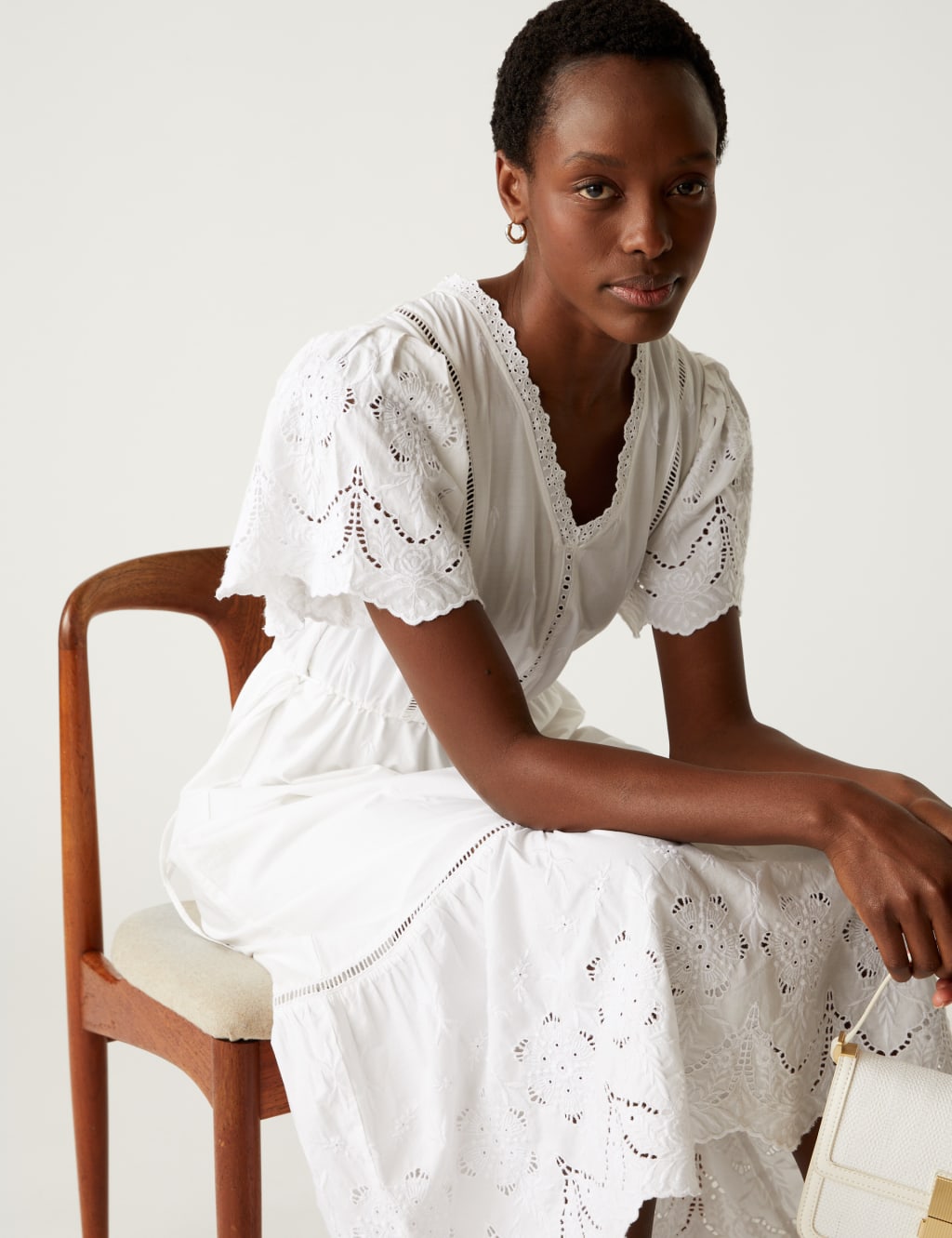 Pure Cotton Broderie V-Neck Midi Tea Dress image 4