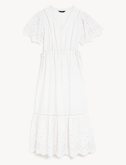 Pure Cotton Broderie V-Neck Midi Tea Dress