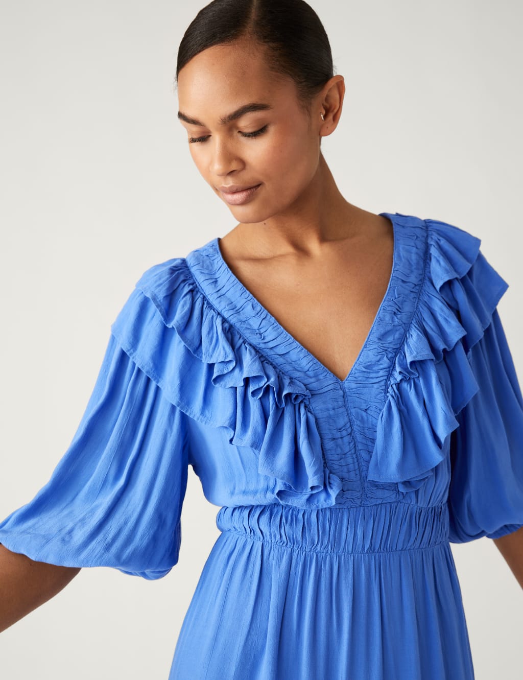 V-Neck Frill Detail Midi Waisted Dress image 1
